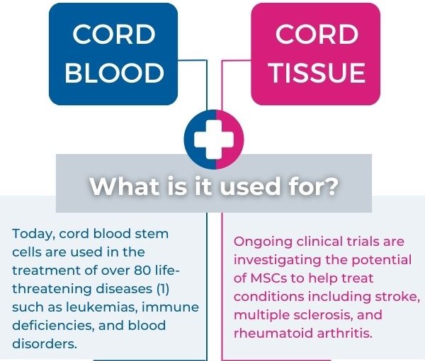 What are cord blood and cord tissue used for?